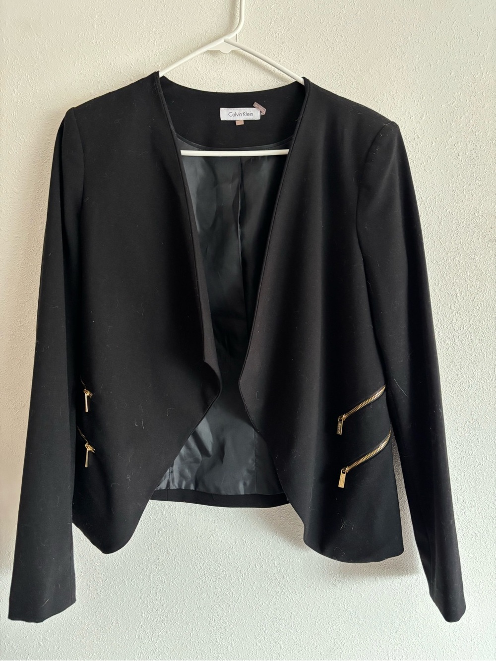 Calvin Klein Black Blazer with Gold Zipper Details Size 8.